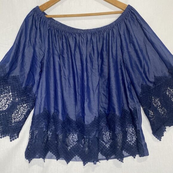 UNIQUE SPECTRUM Blouse Lace Trim 3/4 Sleeve Off Shoulder Gypsy Womens 1X Blue - Picture 1 of 9